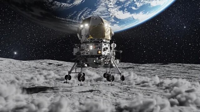 The image shows the lander on the surface of the moon. In the background, the Earth is visible, partially hidden by the lunar horizon.