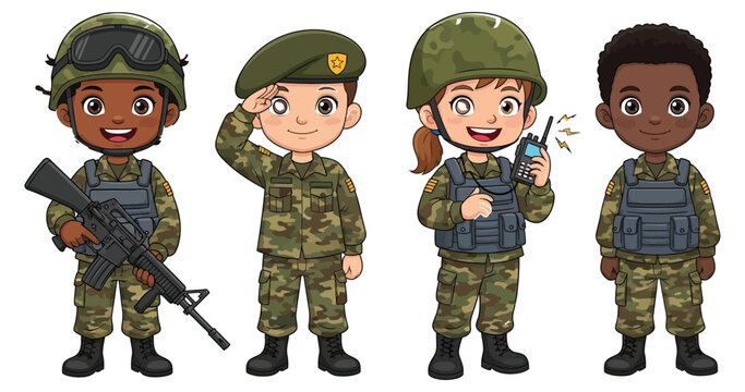 Diverse group of cartoon children dressed as soldiers in various poses isolated on white background, showcasing military uniforms and equipment