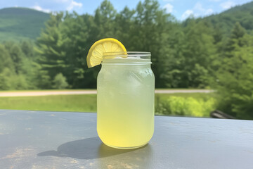 Cold Lemonade in Mason Jar on Summer Day – Refreshing Outdoor Drink
