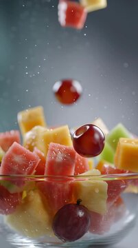Cubo de fruta fresca en ca&iacute;da libre sobre un bol transparente, con trozos de sand&iacute;a, mel&oacute;n y uva capturados en movimiento y gotas en suspensi&oacute;n. Imagen vibrante y refrescante.