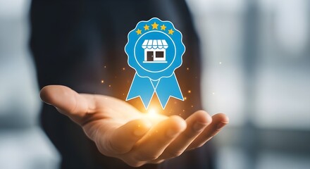 Hand holding blue storefront badge representing business success and achievement