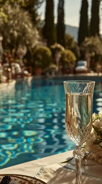 Copa de champ&aacute;n junto a una piscina azul brillante en un entorno elegante y soleado, con jardines y &aacute;rboles al fondo. Escena veraniega de relax y lujo.
