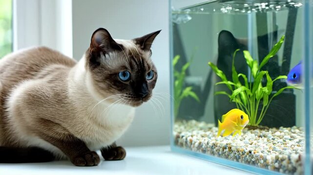 A Siamese cat intently watches a fish swimming in a glass aquarium filled with gravel and aquatic plants