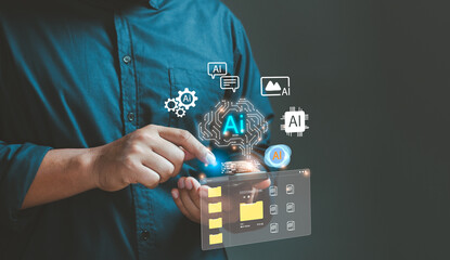 Artificial intelligence concept with person using smartphone to interact with digital AI icons, cloud processing, automation tools, and data folders, highlighting modern technology smart innovation.