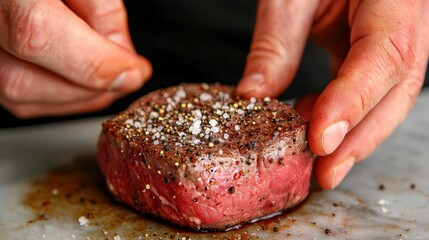A home cook seasoning a steak with salt and pepper, ready for grilling