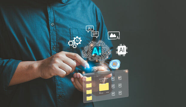 Artificial intelligence concept with person using smartphone to interact with digital AI icons, cloud processing, automation tools, and data folders, highlighting modern technology smart innovation.