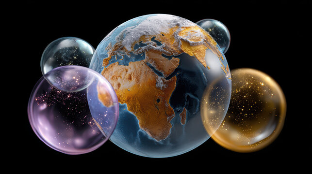 Earth globe with transparent bubbles floating in space, showing continents with glowing, textured surface and cosmic particles