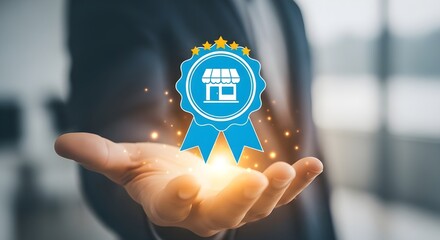 Hand holding a quality assurance badge with glowing light effect