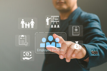 Employee benefits concept. businessman selects digital icons representing insurance, family support, financial rewards, training, workplace wellness, highlighting modern HR management and staff care.