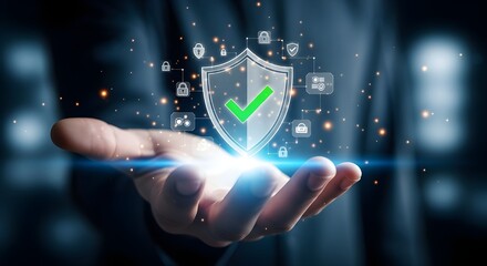 Cyber security concept man holding shield with checkmark in hand