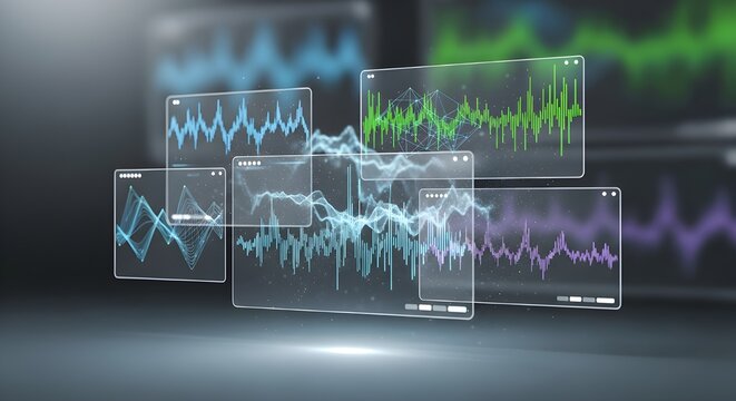 Futuristic holographic screen featuring data panels and glowing interface lines. - Powered by Adobe