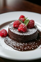A decadent chocolate cake with glossy ganache, fresh raspberries, and powdered sugar on top