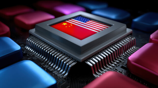 Microchip with combined China and USA flag, technology concept showing international digital connection and cooperation
