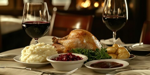 A festive dinner table with roasted turkey, mashed potatoes, cranberry sauce, and glasses of wine