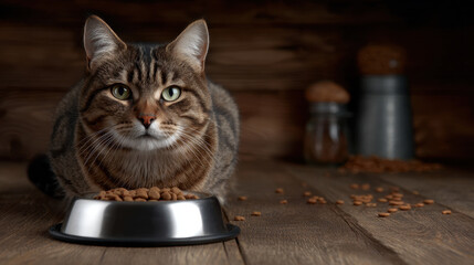 Tabby cat with green eyes sitting behind metal bowl filled with dry food on wooden surface, cozy indoor setting