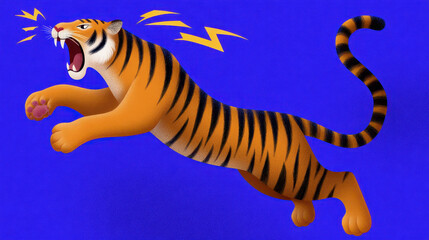 Roaring tiger with orange fur and black stripes jumping aggressively with blue background and dynamic expression
