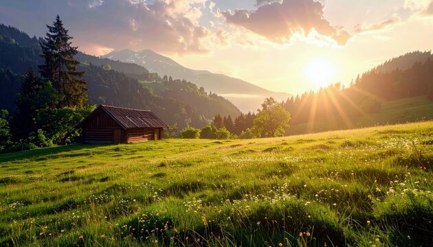 A serene mountain landscape at sunrise, featuring a wooden cabin nestled in a vibrant green meadow with distant peaks.