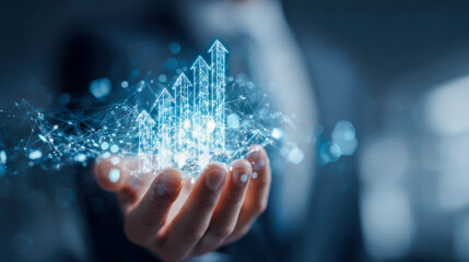 Business hand holding glowing futuristic digital arrows indicating growth and progress with network connections symbolizing innovation in technology and success