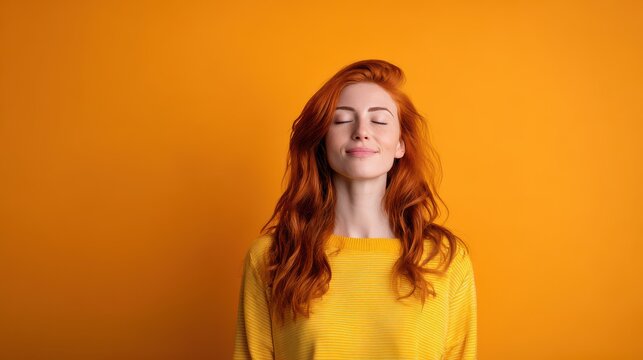 Redhead woman with closed eyes smiling