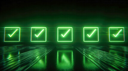 Futuristic digital green check marks glowing in a row with reflections on glossy surface representing confirmation or approval in technology concept background