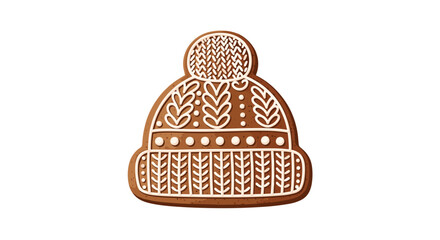 A festive gingerbread cookie shaped like a knitted winter hat with white icing details.