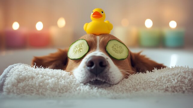 Cute dog relaxing with cucumber slices on eyes and rubber ducky