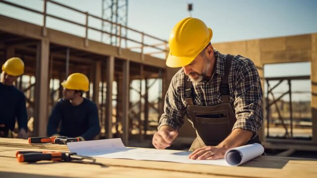 Construction workers collaborate on blueprints at a building site during daylight hours, demonstrating teamwork and planning in construction projects - Powered by Adobe