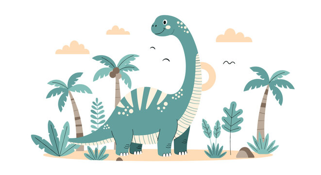 Cute cartoon dinosaur with long neck standing in a prehistoric jungle with palm trees and clouds.