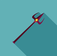 Cartoon trident with three prongs and a gem is casting a long shadow on a turquoise background