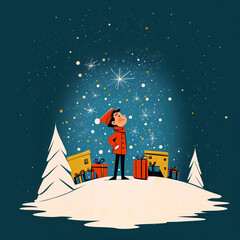 Whimsical Winter Scene with Boy Under Magical Snowfall – Festive Holiday Illustration