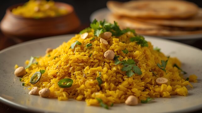 Delicious indian poha breakfast dish with fresh herbs and spices