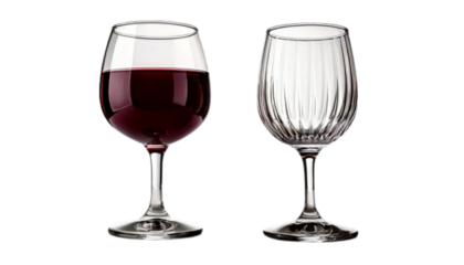 Wine Glass Pair – Empty and Filled with Red Wine, isolated on transparent background