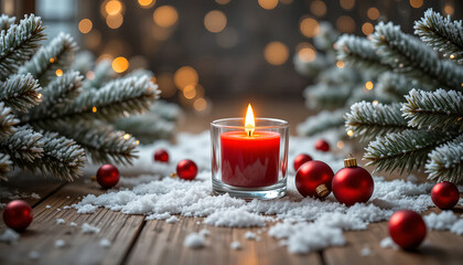 Red Candle in Snow with Christmas Ornaments and Evergreen Branches