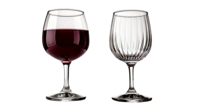 Wine Glass Pair – Empty and Filled with Red Wine, isolated on transparent background