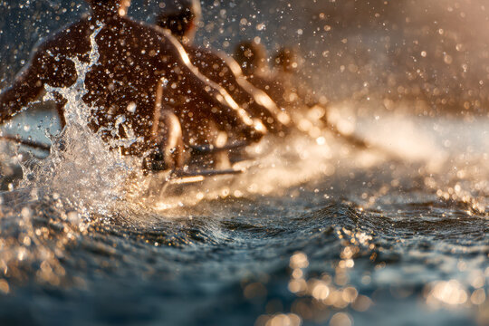 Team of rowers synchronizing their powerful strokes during a dynamic water sport session as golden sunlight reflects off splashing waves and droplets