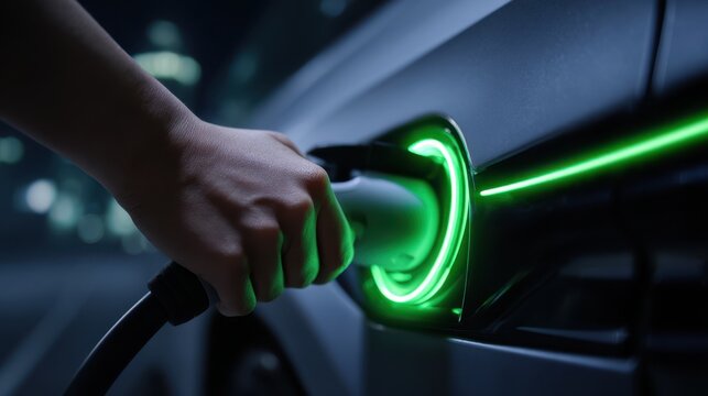 Woman charging electric car at station at night.