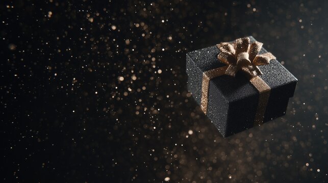 Close black matte gift box with shiny gold bow floating, elegant luxury present, free space for text - Powered by Adobe