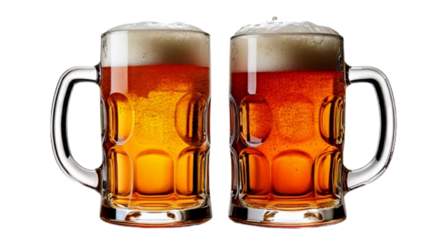 Dual Style Beer Glasses – Plain Mug and Frothy Beer, isolated on transparent background