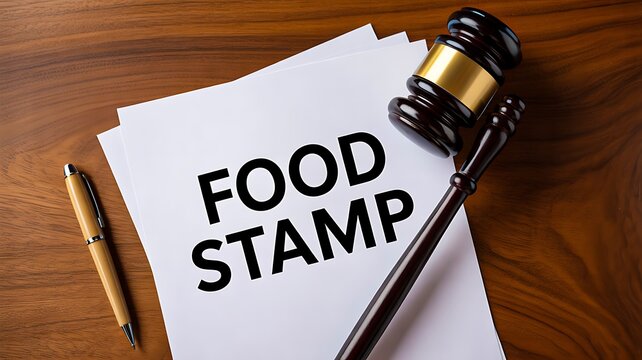 Food Stamp Paperwork with Gavel and Pen on Wooden Desk
