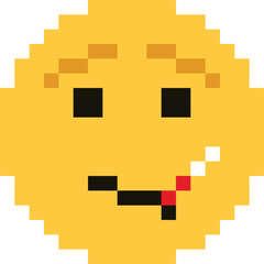Pixelated yellow smiley face with a cigarette in its mouth against a transparent background expressing a cool emotion in a retro video game style