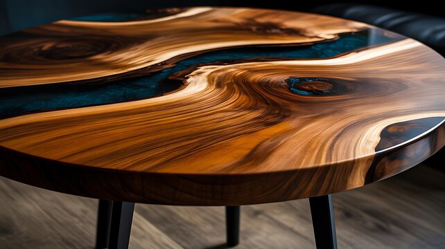 Artistic Epoxy Resin River Table with Polished Wood Grain
