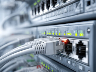 Network cables plugged into a server switch with illuminated status lights indicating active data connections and network communication in a data center environment