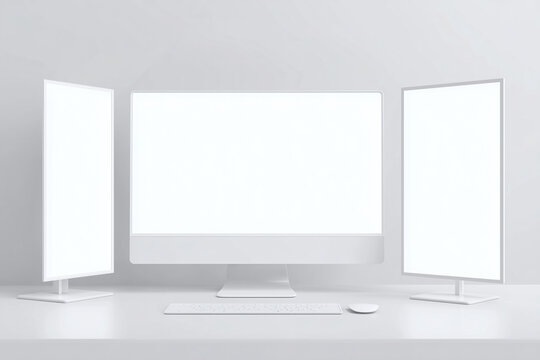 Minimalist desktop setup featuring three white computer monitors with blank screens.