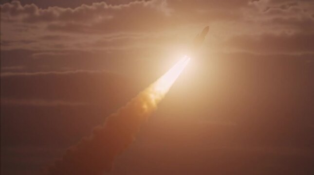 Anti-missile defense. Menace of rocket attack. Air raid. Danger. Threat of nuclear war. Missile launch. Test flight of a rocket with cluster munition. Casualties for infantry