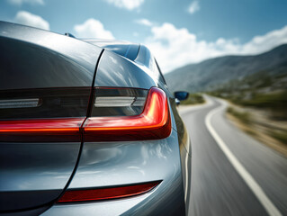 Rear view of modern silver car with illuminated taillight driving on winding mountain road under cloudy blue sky during daytime