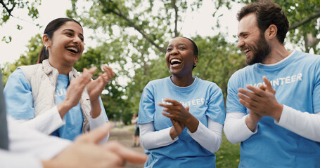 Applause, laughing and volunteer people outdoor for food drive celebration, motivation or success. Donation, funny and support with excited friends clapping in park for charity or community outreach