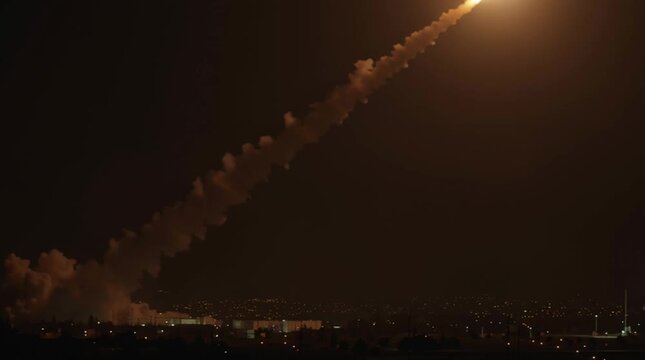 Anti-missile defense. Menace of rocket attack. Air raid. Danger. Threat of nuclear war. Missile launch. Test flight of a rocket with cluster munition. Casualties for infantry