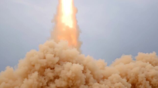 Anti-missile defense. Menace of rocket attack. Air raid. Danger. Threat of nuclear war. Missile launch. Test flight of a rocket with cluster munition. Casualties for infantry