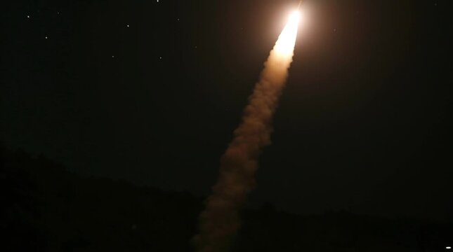 Anti-missile defense. Menace of rocket attack. Air raid. Danger. Threat of nuclear war. Missile launch. Test flight of a rocket with cluster munition. Casualties for infantry