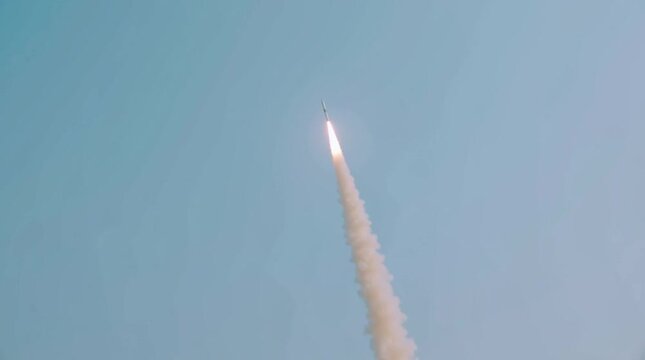 Anti-missile defense. Menace of rocket attack. Air raid. Danger. Threat of nuclear war. Missile launch. Test flight of a rocket with cluster munition. Casualties for infantry